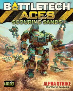 An image showing the box art cover of Battletech Aces: Scouring Sands. The cover includes the Catalyst Game Labs logo and a note that this is an Alpha Strike Cooperative Campaign.